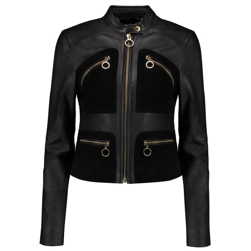 Women Michael Kors Black Suede-Paneled Leather Fashion Jacket 